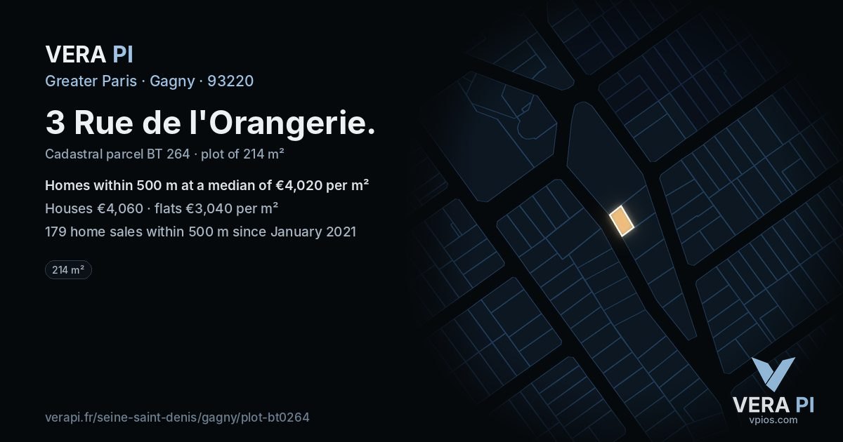 3 Rue de l'Orangerie, Gagny at night – the plot lit, the parcels around coloured by the prices near them