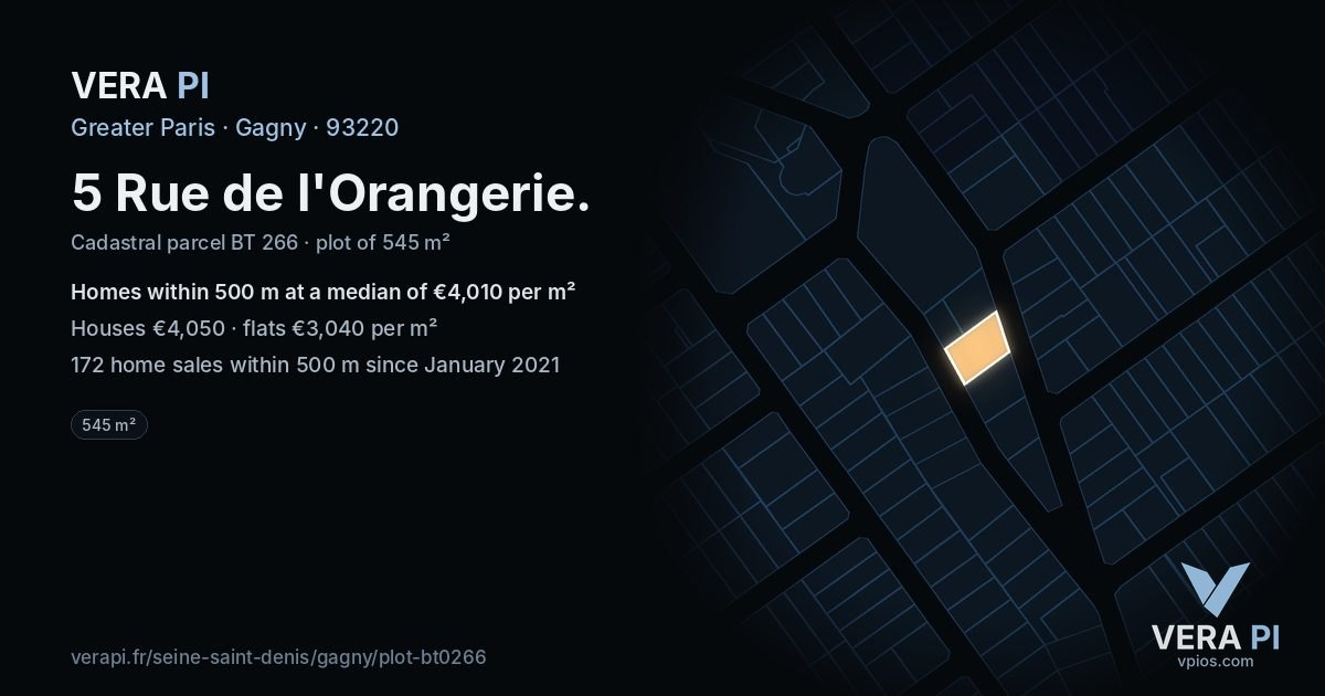 5 Rue de l'Orangerie, Gagny at night – the plot lit, the parcels around coloured by the prices near them