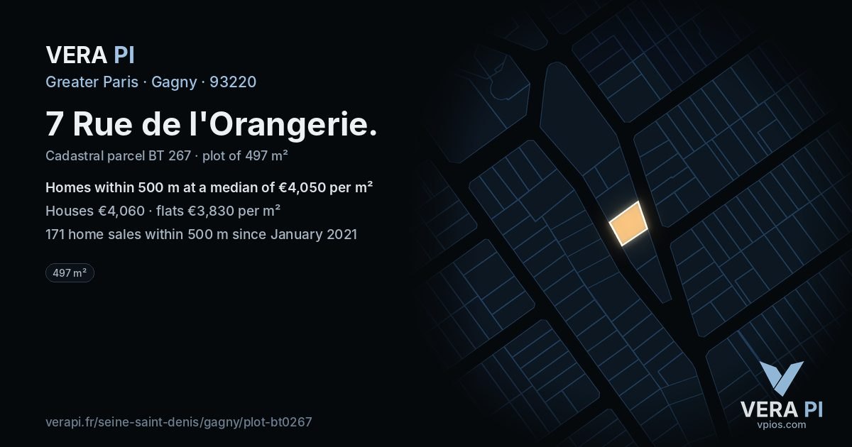 7 Rue de l'Orangerie, Gagny at night – the plot lit, the parcels around coloured by the prices near them