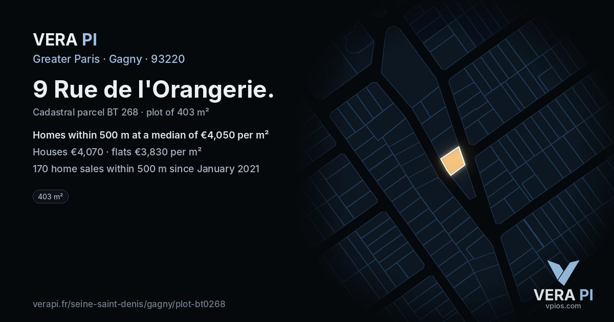 9 Rue de l'Orangerie, Gagny at night – the plot lit, the parcels around coloured by the prices near them
