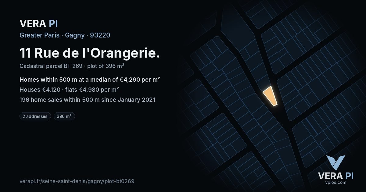 11 Rue de l'Orangerie, Gagny at night – the plot lit, the parcels around coloured by the prices near them