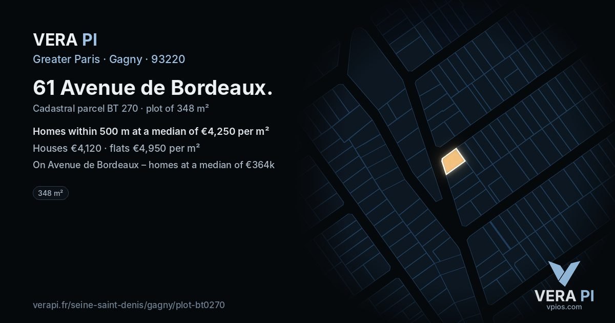61 Avenue de Bordeaux, Gagny at night – the plot lit, the parcels around coloured by the prices near them