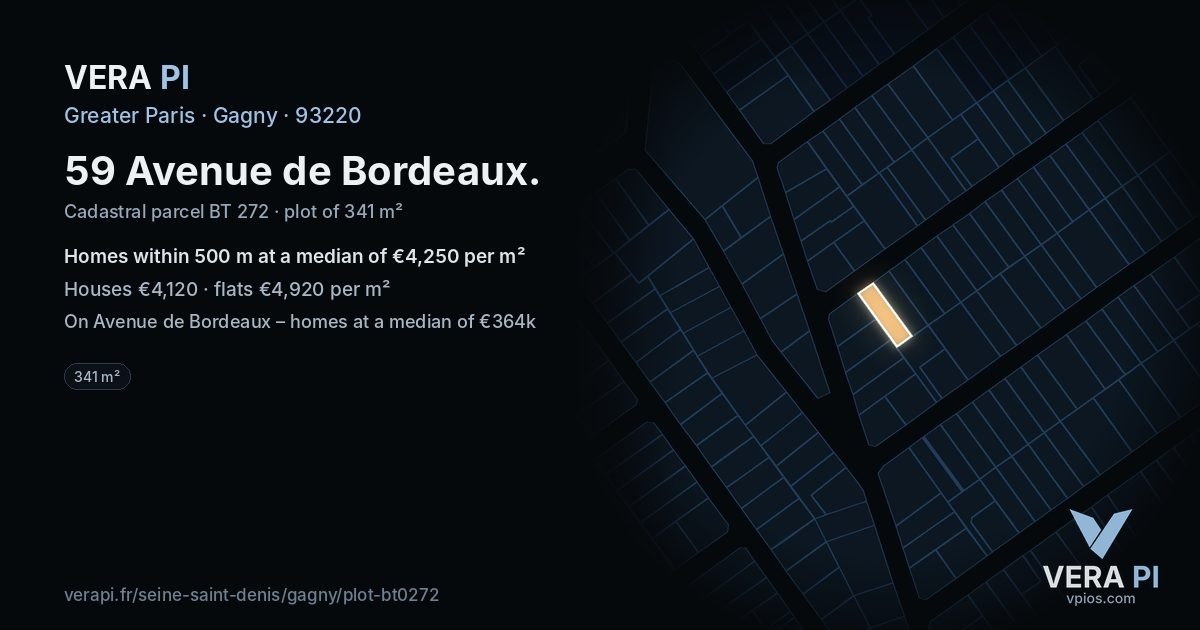 59 Avenue de Bordeaux, Gagny at night – the plot lit, the parcels around coloured by the prices near them