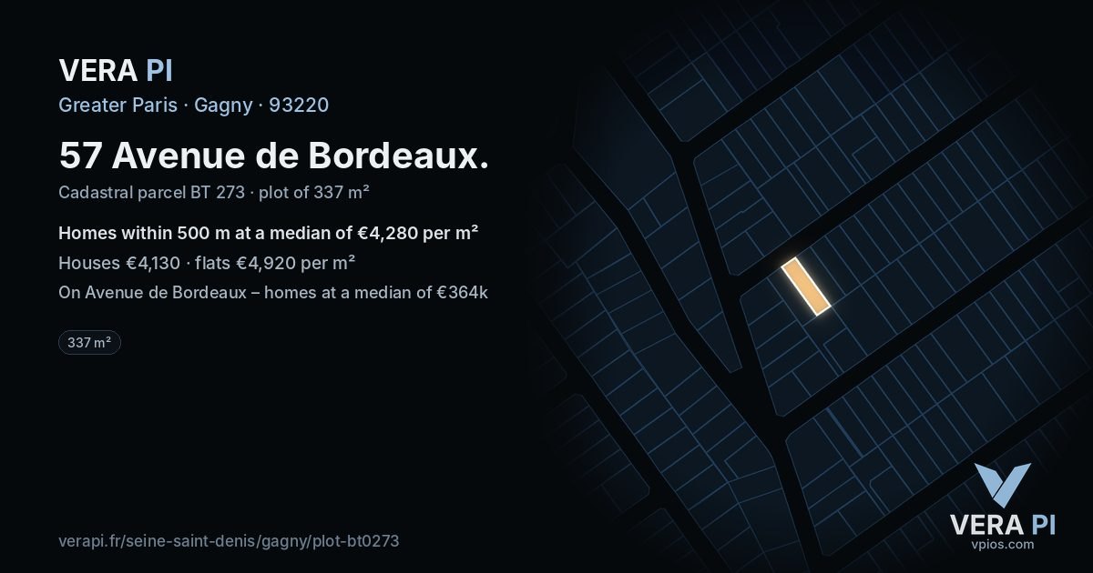 57 Avenue de Bordeaux, Gagny at night – the plot lit, the parcels around coloured by the prices near them
