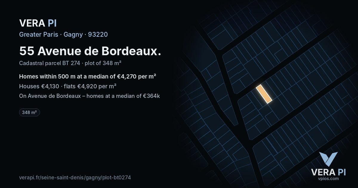 55 Avenue de Bordeaux, Gagny at night – the plot lit, the parcels around coloured by the prices near them