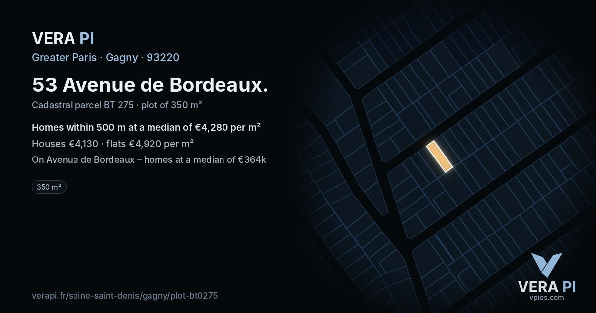 53 Avenue de Bordeaux, Gagny at night – the plot lit, the parcels around coloured by the prices near them
