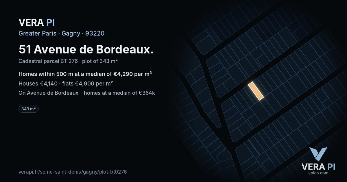 51 Avenue de Bordeaux, Gagny at night – the plot lit, the parcels around coloured by the prices near them