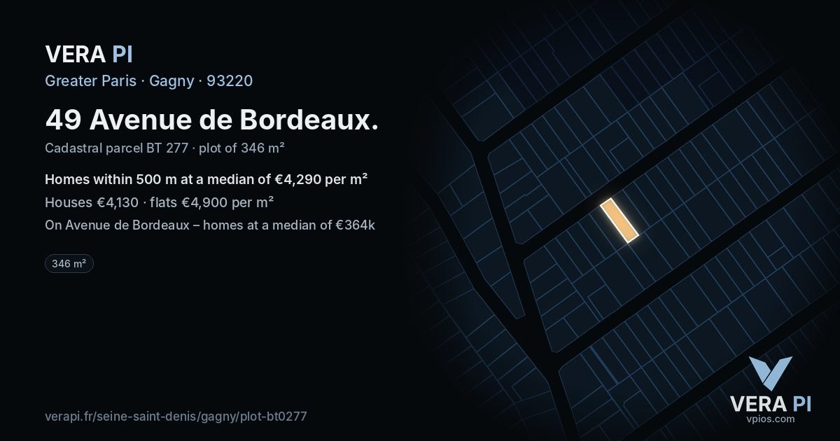 49 Avenue de Bordeaux, Gagny at night – the plot lit, the parcels around coloured by the prices near them