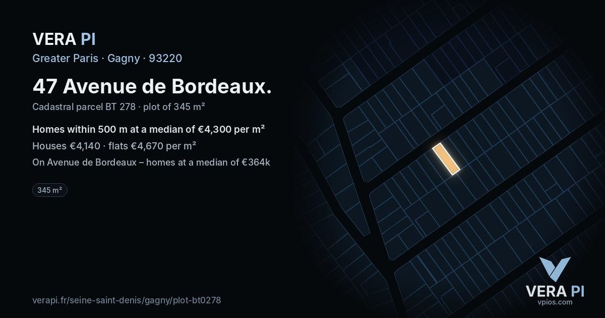 47 Avenue de Bordeaux, Gagny at night – the plot lit, the parcels around coloured by the prices near them