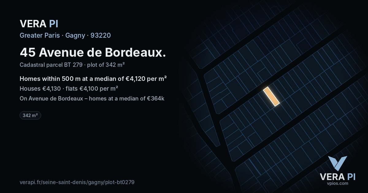 45 Avenue de Bordeaux, Gagny at night – the plot lit, the parcels around coloured by the prices near them