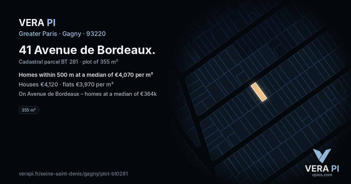 41 Avenue de Bordeaux, Gagny at night – the plot lit, the parcels around coloured by the prices near them