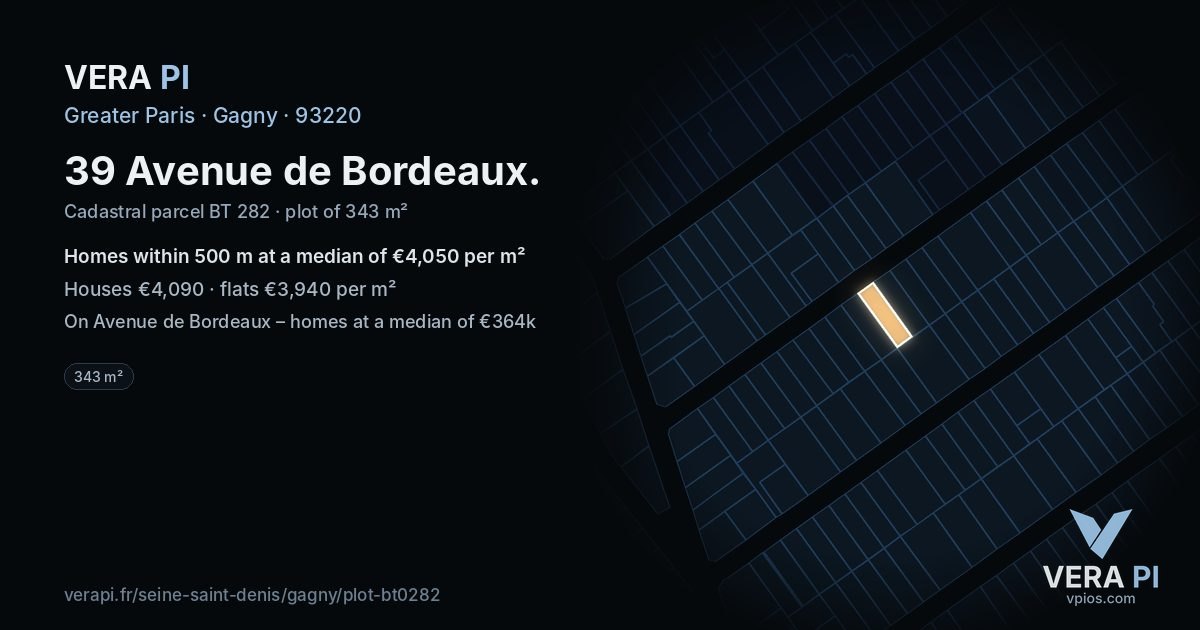 39 Avenue de Bordeaux, Gagny at night – the plot lit, the parcels around coloured by the prices near them