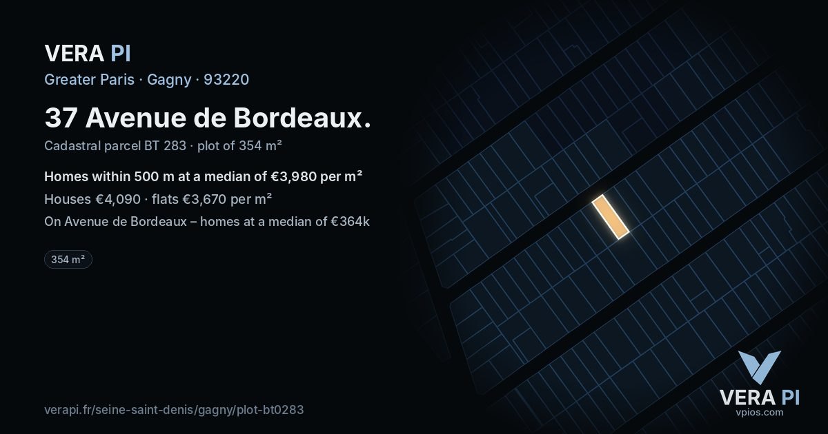 37 Avenue de Bordeaux, Gagny at night – the plot lit, the parcels around coloured by the prices near them