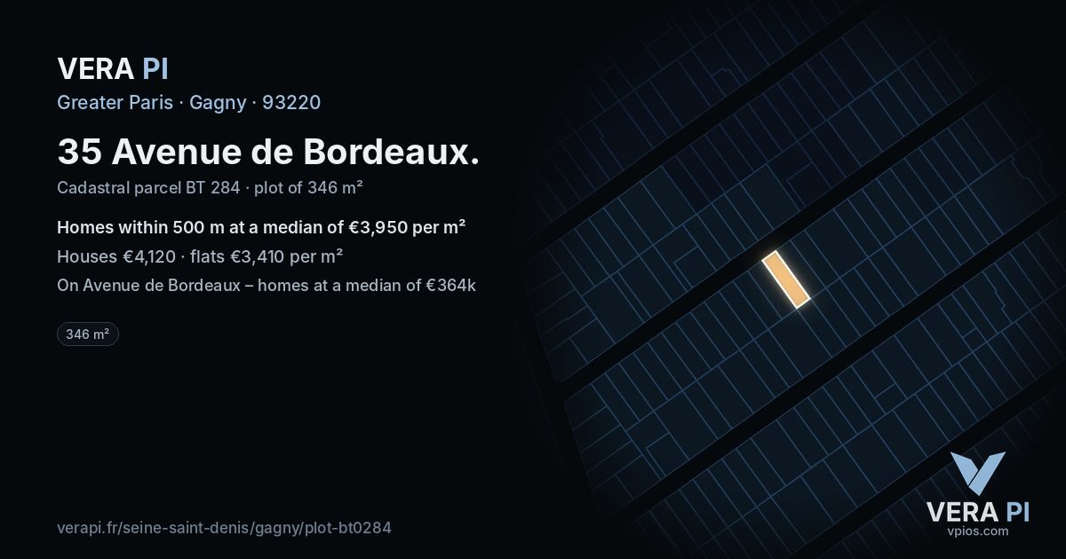 35 Avenue de Bordeaux, Gagny at night – the plot lit, the parcels around coloured by the prices near them
