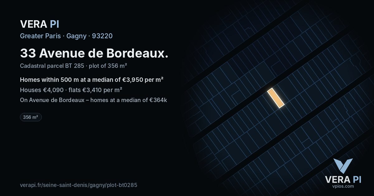 33 Avenue de Bordeaux, Gagny at night – the plot lit, the parcels around coloured by the prices near them
