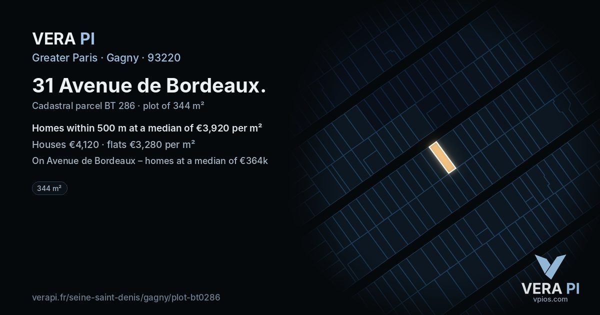 31 Avenue de Bordeaux, Gagny at night – the plot lit, the parcels around coloured by the prices near them