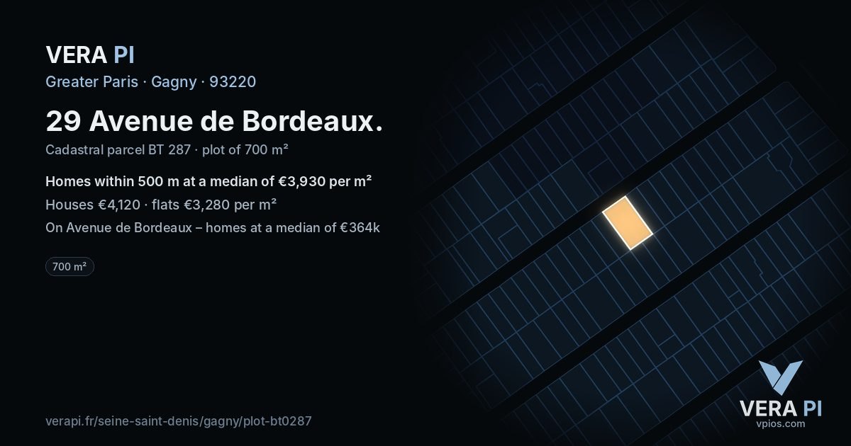 29 Avenue de Bordeaux, Gagny at night – the plot lit, the parcels around coloured by the prices near them
