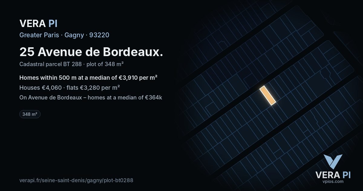 25 Avenue de Bordeaux, Gagny at night – the plot lit, the parcels around coloured by the prices near them