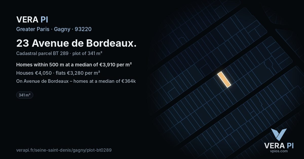 23 Avenue de Bordeaux, Gagny at night – the plot lit, the parcels around coloured by the prices near them