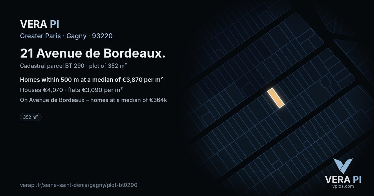 21 Avenue de Bordeaux, Gagny at night – the plot lit, the parcels around coloured by the prices near them