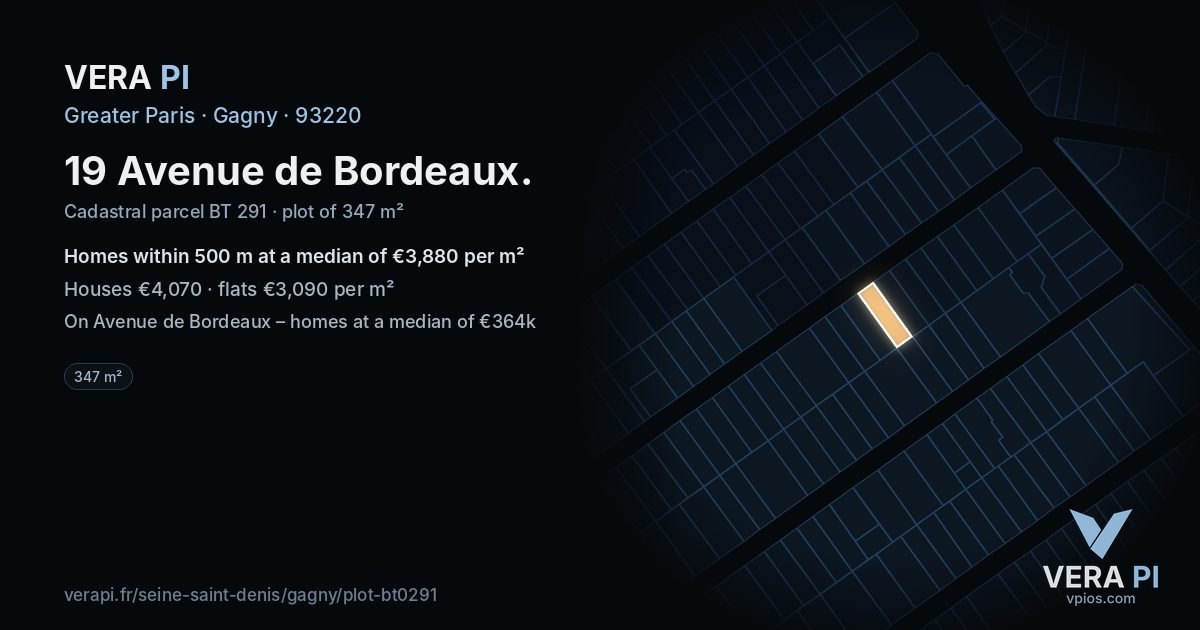 19 Avenue de Bordeaux, Gagny at night – the plot lit, the parcels around coloured by the prices near them
