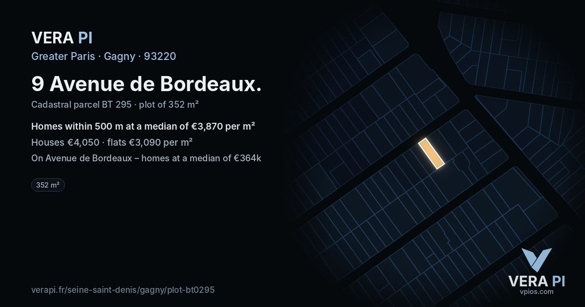 9 Avenue de Bordeaux, Gagny at night – the plot lit, the parcels around coloured by the prices near them