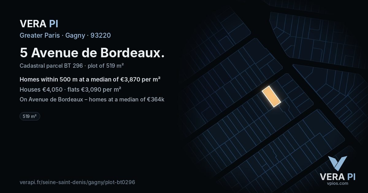 5 Avenue de Bordeaux, Gagny at night – the plot lit, the parcels around coloured by the prices near them