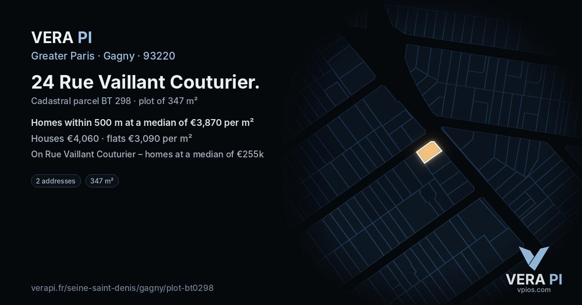 24 Rue Vaillant Couturier, Gagny at night – the plot lit, the parcels around coloured by the prices near them