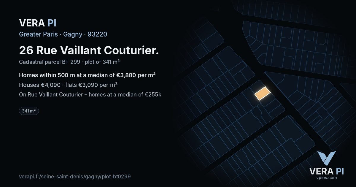 26 Rue Vaillant Couturier, Gagny at night – the plot lit, the parcels around coloured by the prices near them