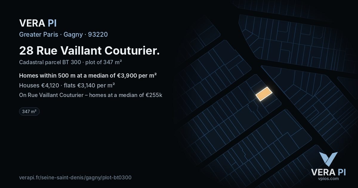 28 Rue Vaillant Couturier, Gagny at night – the plot lit, the parcels around coloured by the prices near them