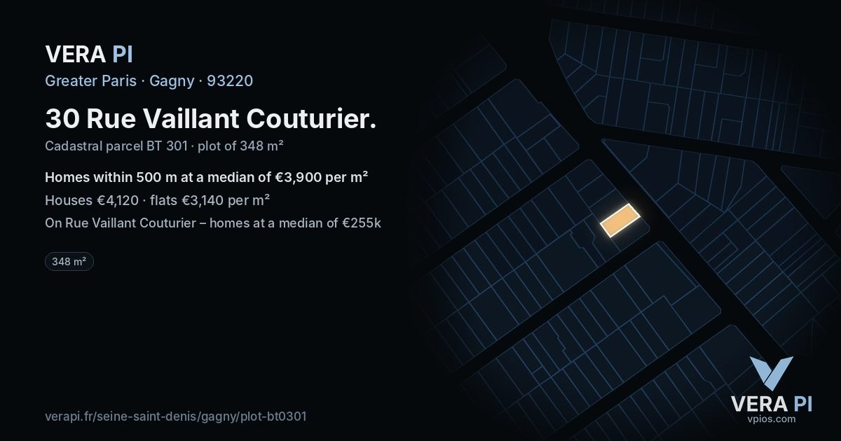 30 Rue Vaillant Couturier, Gagny at night – the plot lit, the parcels around coloured by the prices near them