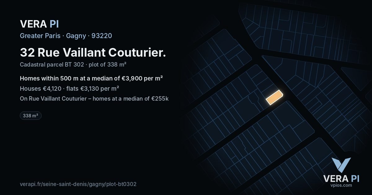 32 Rue Vaillant Couturier, Gagny at night – the plot lit, the parcels around coloured by the prices near them