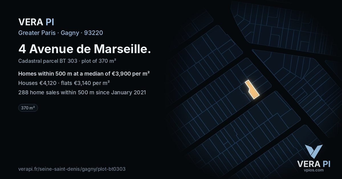 4 Avenue de Marseille, Gagny at night – the plot lit, the parcels around coloured by the prices near them