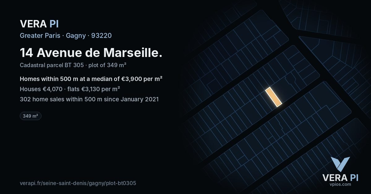 14 Avenue de Marseille, Gagny at night – the plot lit, the parcels around coloured by the prices near them