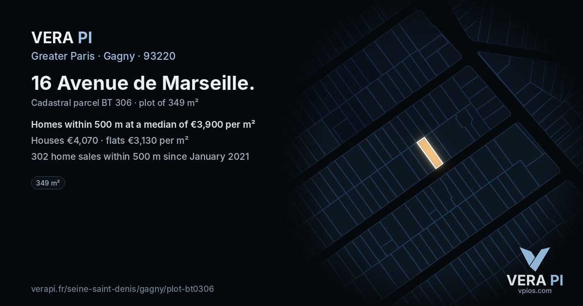 16 Avenue de Marseille, Gagny at night – the plot lit, the parcels around coloured by the prices near them