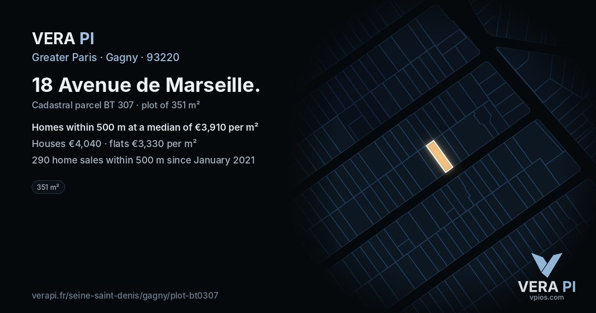 18 Avenue de Marseille, Gagny at night – the plot lit, the parcels around coloured by the prices near them