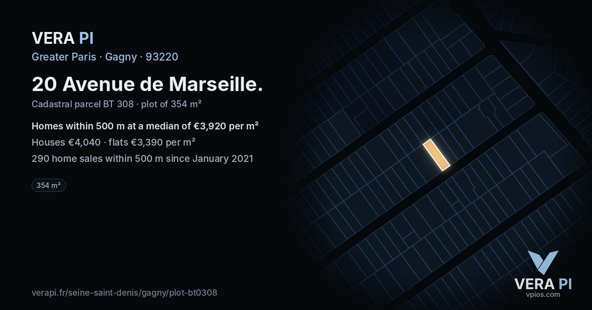 20 Avenue de Marseille, Gagny at night – the plot lit, the parcels around coloured by the prices near them