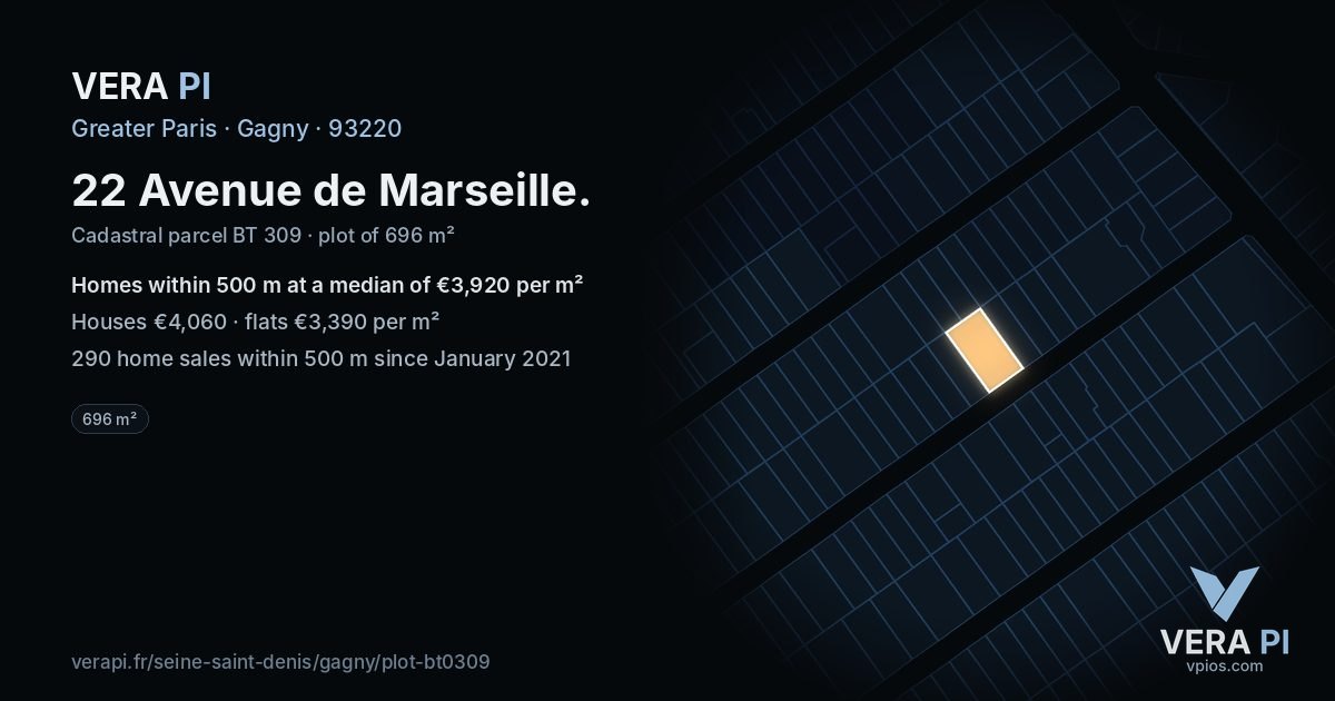 22 Avenue de Marseille, Gagny at night – the plot lit, the parcels around coloured by the prices near them