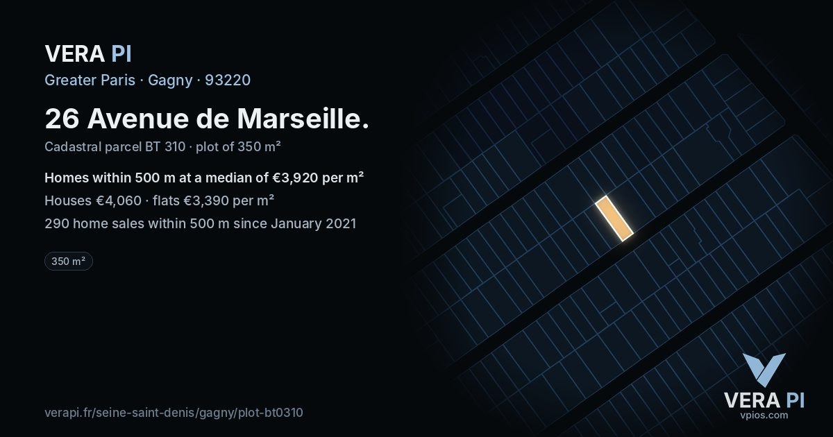 26 Avenue de Marseille, Gagny at night – the plot lit, the parcels around coloured by the prices near them