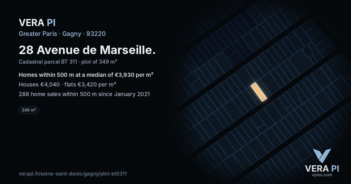 28 Avenue de Marseille, Gagny at night – the plot lit, the parcels around coloured by the prices near them