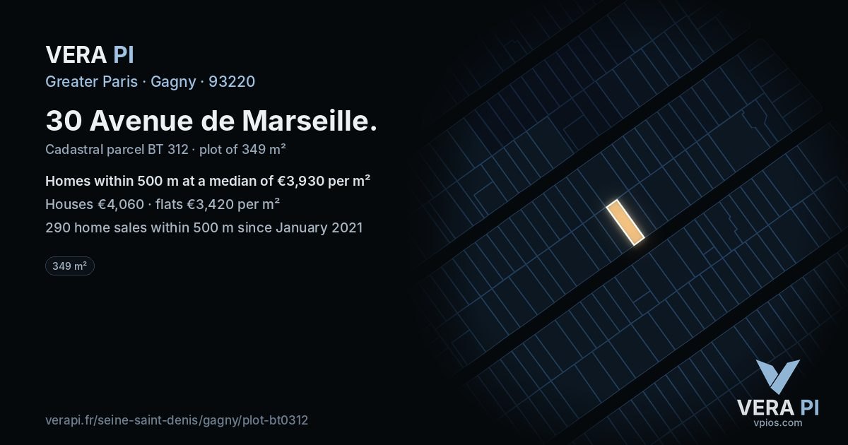 30 Avenue de Marseille, Gagny at night – the plot lit, the parcels around coloured by the prices near them