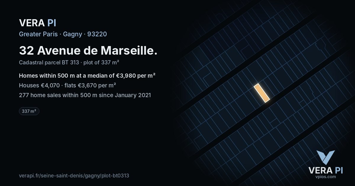 32 Avenue de Marseille, Gagny at night – the plot lit, the parcels around coloured by the prices near them