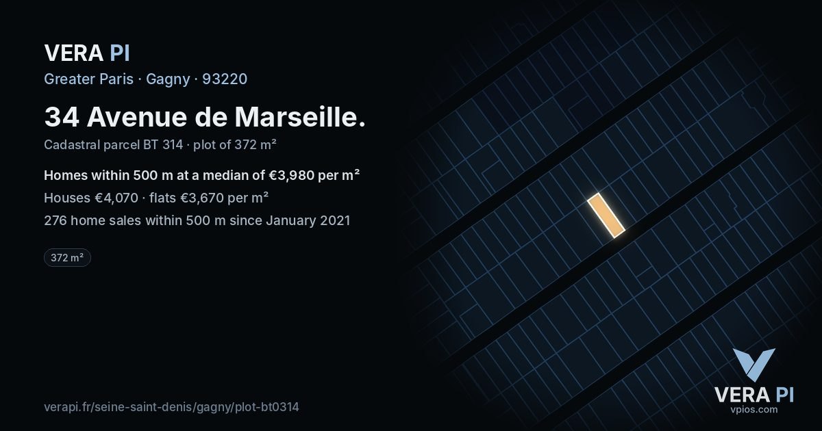 34 Avenue de Marseille, Gagny at night – the plot lit, the parcels around coloured by the prices near them