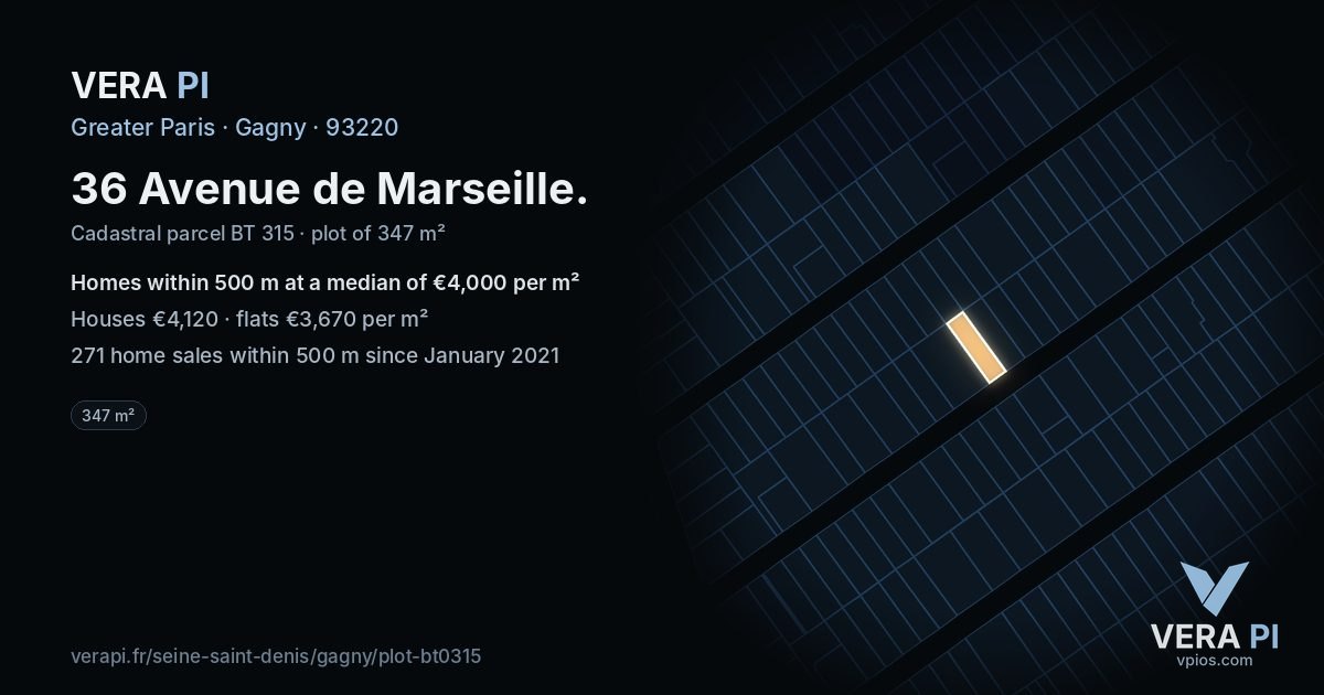 36 Avenue de Marseille, Gagny at night – the plot lit, the parcels around coloured by the prices near them