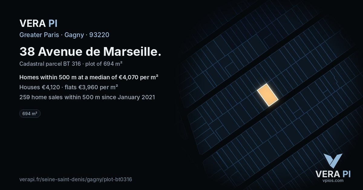 38 Avenue de Marseille, Gagny at night – the plot lit, the parcels around coloured by the prices near them