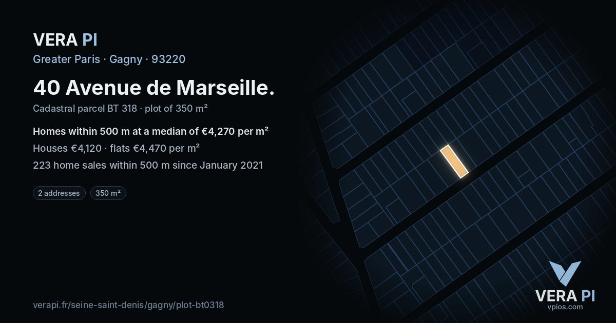 40 Avenue de Marseille, Gagny at night – the plot lit, the parcels around coloured by the prices near them