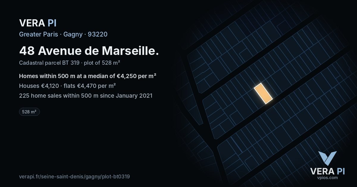 48 Avenue de Marseille, Gagny at night – the plot lit, the parcels around coloured by the prices near them