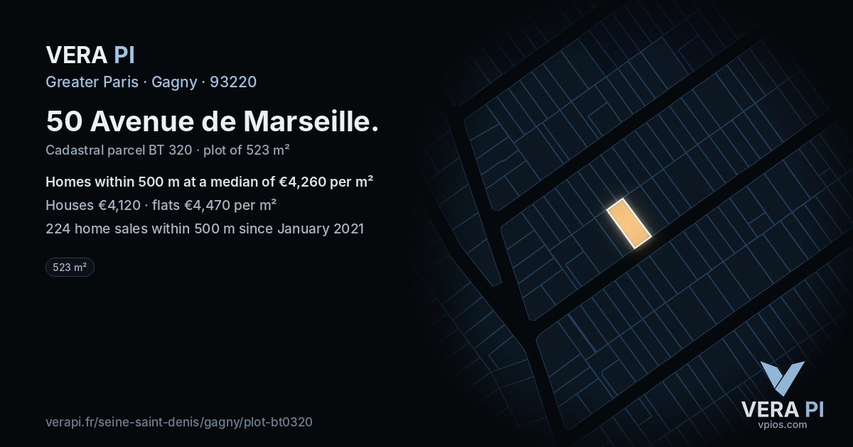 50 Avenue de Marseille, Gagny at night – the plot lit, the parcels around coloured by the prices near them