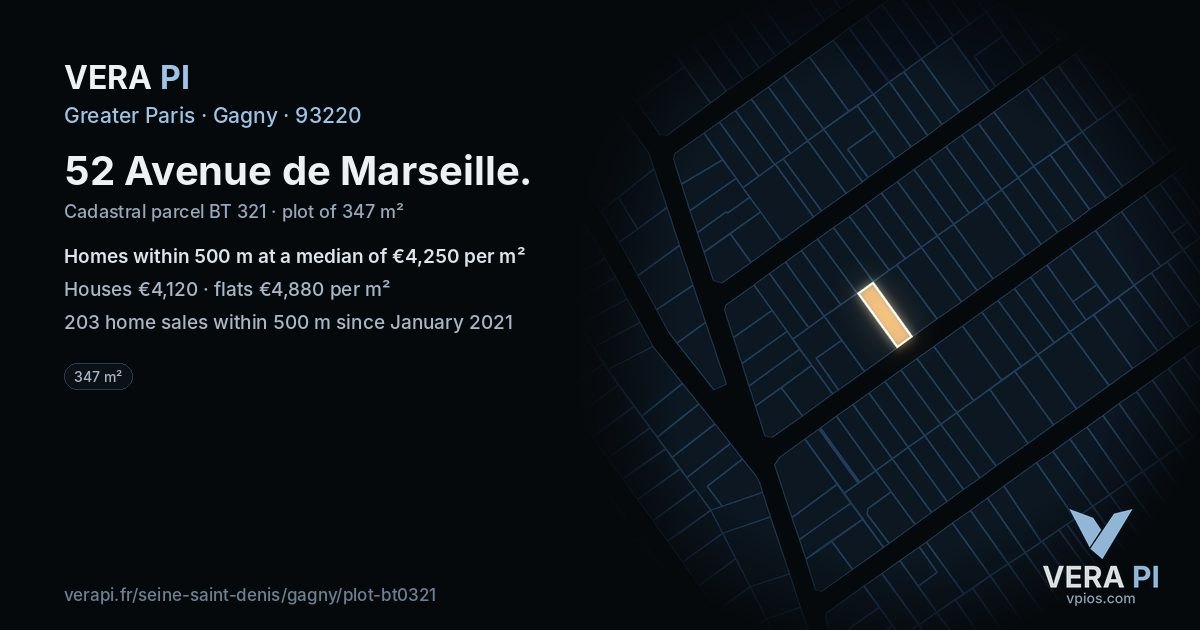 52 Avenue de Marseille, Gagny at night – the plot lit, the parcels around coloured by the prices near them
