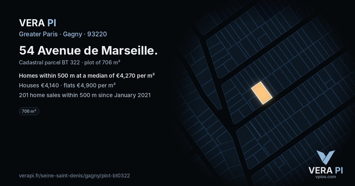 54 Avenue de Marseille, Gagny at night – the plot lit, the parcels around coloured by the prices near them